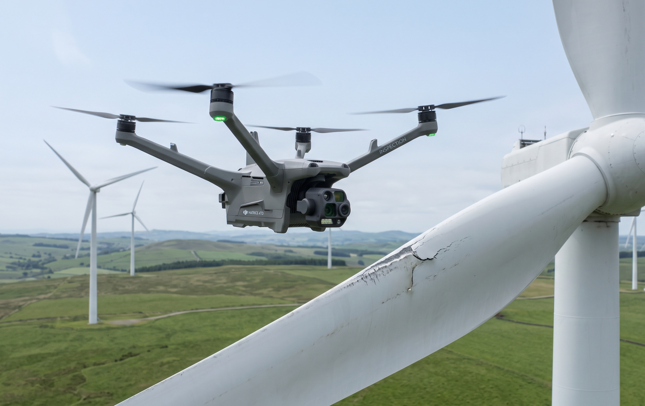 Inspektionsdrohne prüft Rotorblatt einer Windkraftanlage auf Schäden